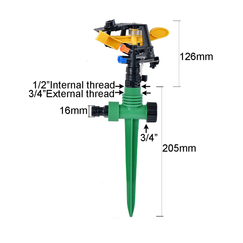 Ακροφύσιο διπλής εξόδου περιστροφικού ψεκαστήρα 360 μοιρών Πλαστική ακίδα με σπείρωμα 1/2" που εισάγει άρδευση κήπου στο έδαφος