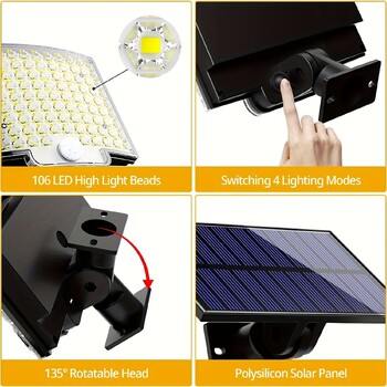 106LED Solar Light Outdoor Waterproof with Motion Floodlight Remote Control 3 modes for Patio Garage Backyard