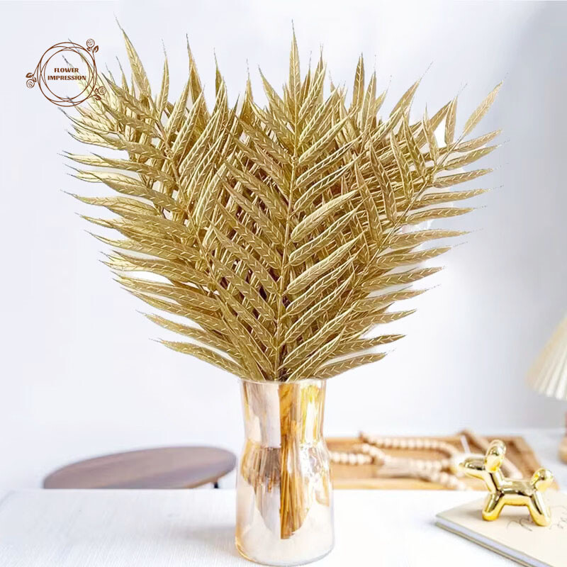 6/12 KOM Sjajno zlatno umjetno palmino lišće, realističan tropski dekor, savršen za vjenčanje, Božić, Nova godina, prugasto željezno drvce