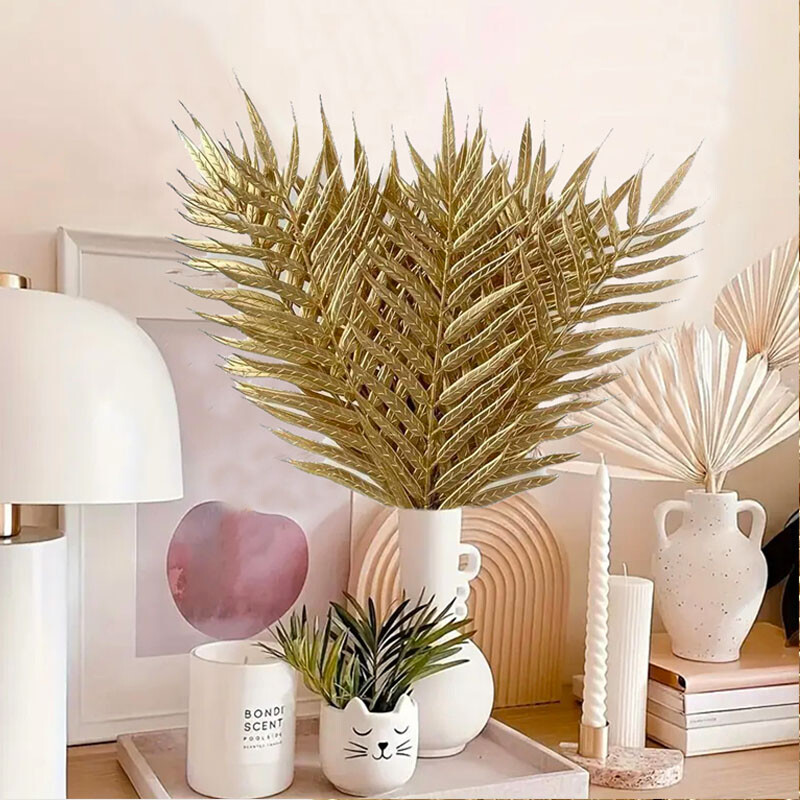 6/12 KOM Sjajno zlatno umjetno palmino lišće, realističan tropski dekor, savršen za vjenčanje, Božić, Nova godina, prugasto željezno drvce