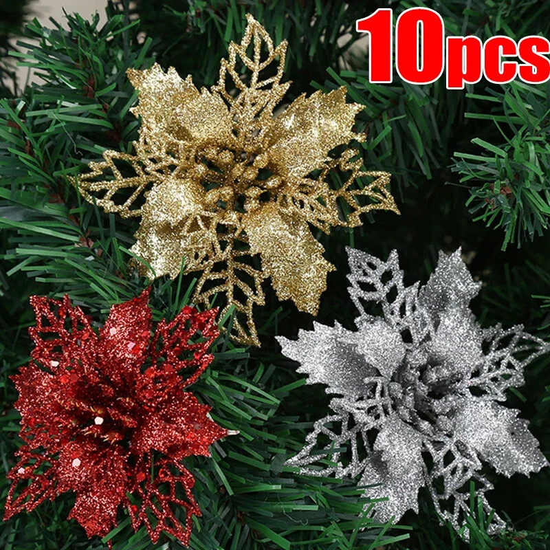 Trblietavý prášok, veľké hodvábne vianočné kvety 12-14 cm, umelý kvet na vianočný stromček, slávnostnú dekoráciu na domácu párty