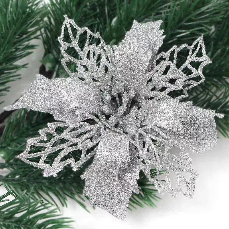 Trblietavý prášok, veľké hodvábne vianočné kvety 12-14 cm, umelý kvet na vianočný stromček, slávnostnú dekoráciu na domácu párty