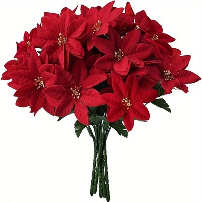1 buc 7 ramuri Artificiale mari, catifea roșie, flori de Crăciun, brad de Crăciun, capete de trandafir de mătase, ornamente pentru buchet de flori, petrecere de nuntă acasă