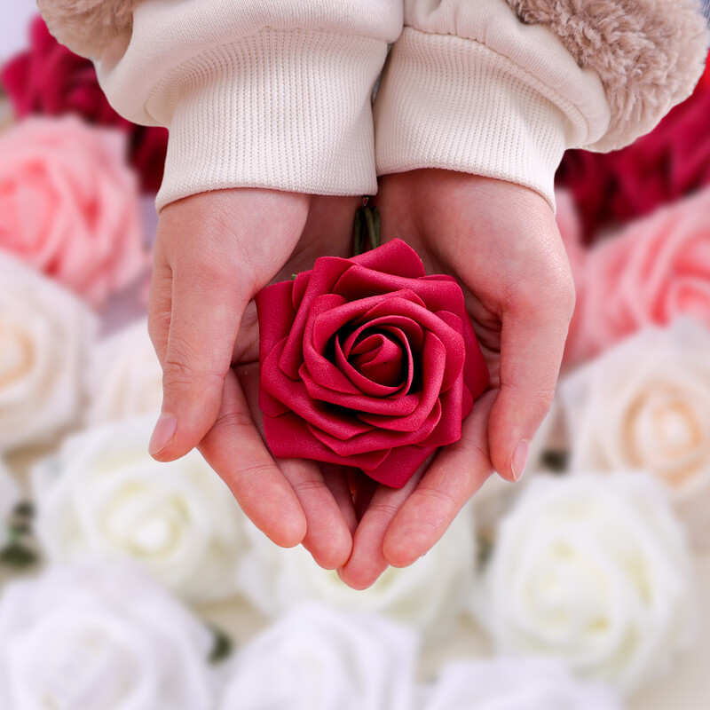 5/50 buc flori artificiale de trandafir DIY buchet de nunta catifea roșie spumă flori de trandafir fals pentru ziua mamei cadou pentru decorare de petrecere