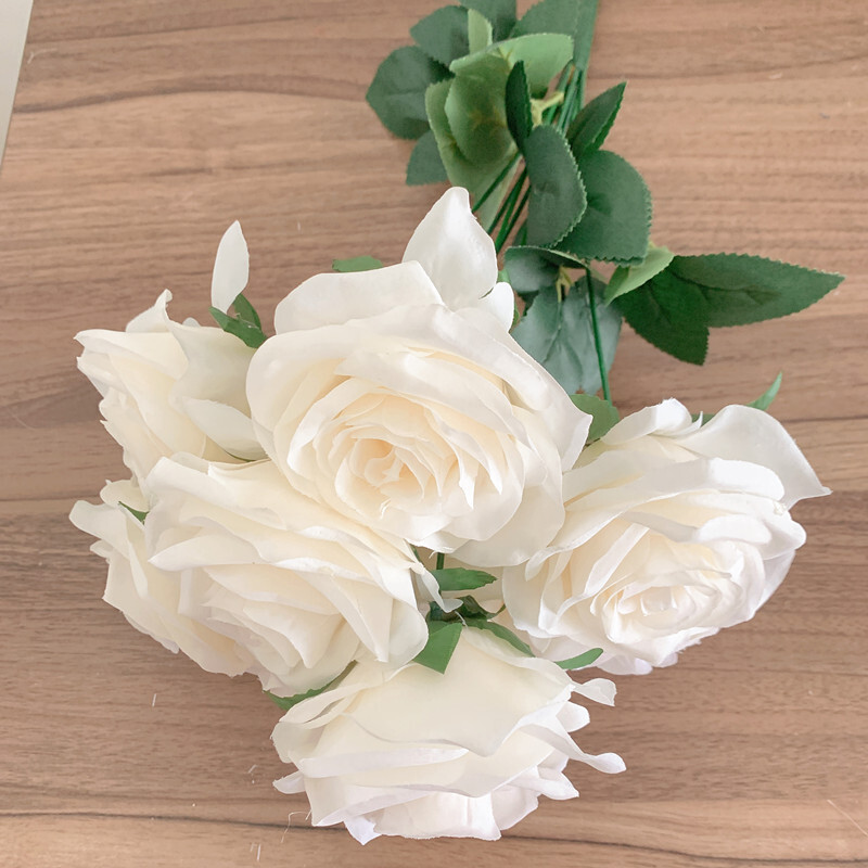 9Heads Roses Kytica Umelý kvet Mliečna biela slonovinová biela ruža Falošná ruža Dekorácia obývačky Svadobná dekorácia