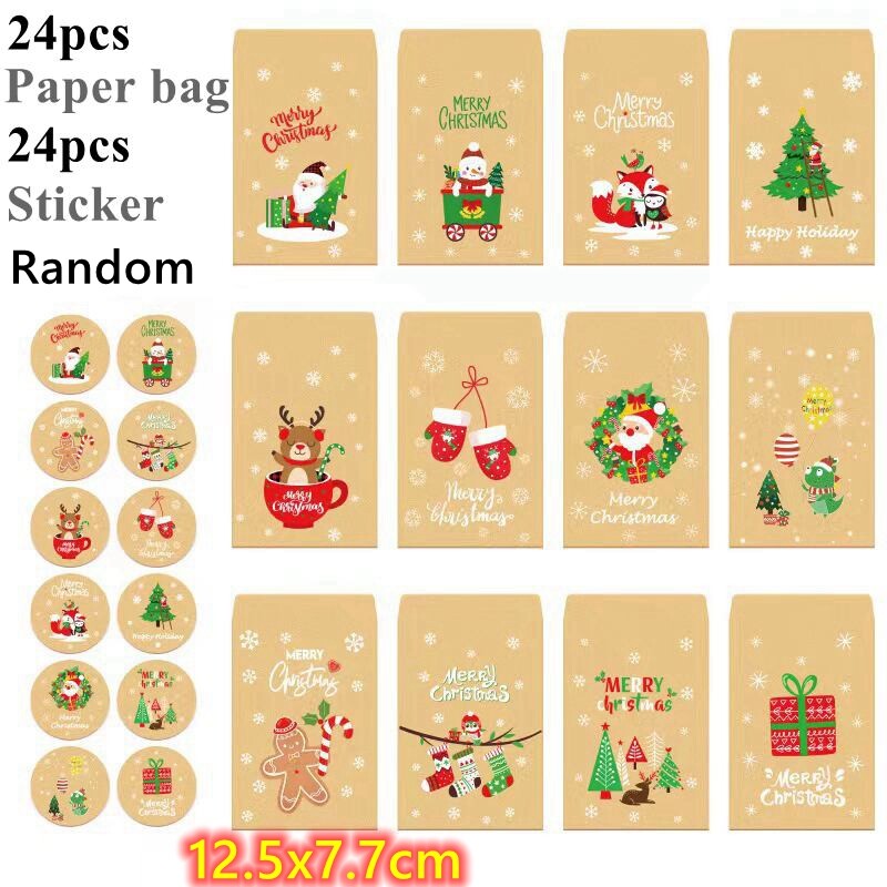 24/48 Vnt Kalėdinis kraftpopierinis maišelis su sausainiu vyniojamas dovanų voko papuošimas Naujųjų 2025 metų Kalėdų vakarėlio maišelis 2024 m. Kalėdos