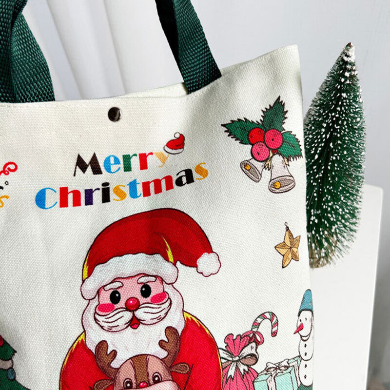 Vianočná darčeková taška s kresleným Santa Clausom a losom, vianočný stromček, ručná plátená taška, veselá vianočná dekorácia, Natal Navidad, šťastný nový rok 2025
