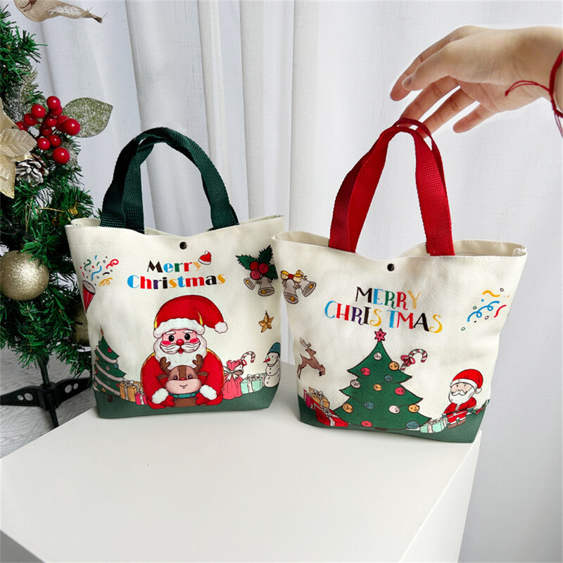 Vianočná darčeková taška s kresleným Santa Clausom a losom, vianočný stromček, ručná plátená taška, veselá vianočná dekorácia, Natal Navidad, šťastný nový rok 2025