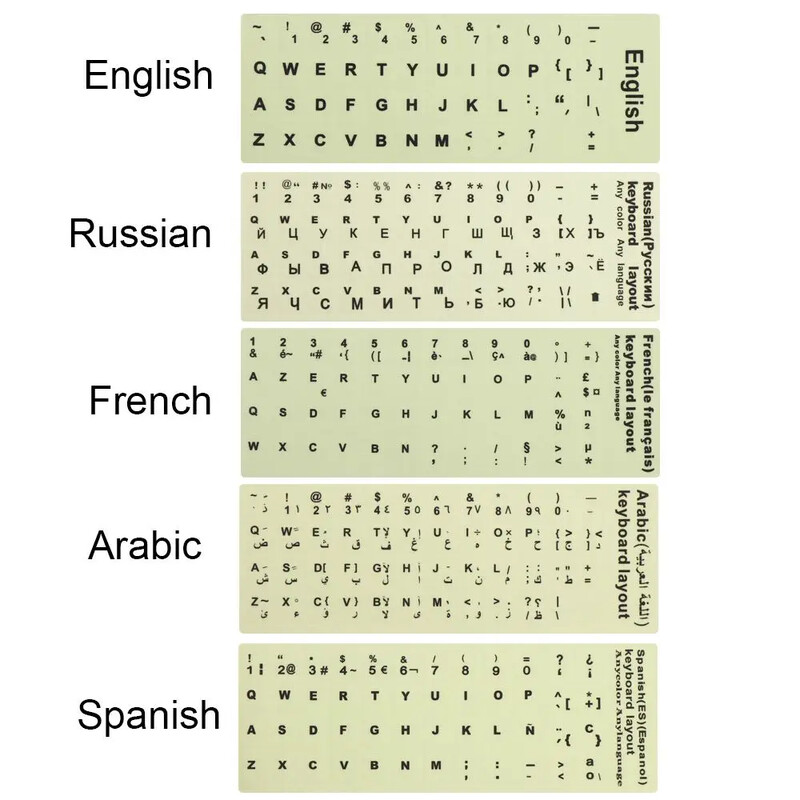 Anglų ispanų rusų arabų prancūzų šviečiančios klaviatūros lipdukai nešiojamam kompiuteriui stalinio kompiuterio klaviatūros naktinės šviesos dulkėms atsparus lipdukas