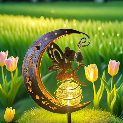 1vnt mėnulio formos saulės energija varomas metalinis pasakų žibintas – vandeniui atsparus LED kraštovaizdžio šviestuvas, puikiai tinkantis kiemo ir kiemo dekoravimui