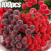 100/20 ks umelých bobúľ cezmíny, mini simulácia čerešňových tyčinek, matné dvojité hlavy, falošné bobule, svadobné, vianočné, párty dekorácie