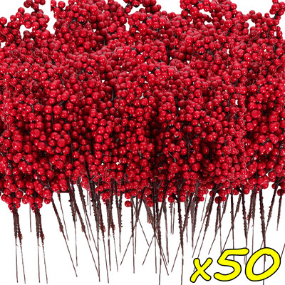 50/1 ág karácsonyi mesterséges bogyók szár piros magyal bogyó hamis virág növény karácsonyfa szilveszteri bulihoz lakberendezési dísz