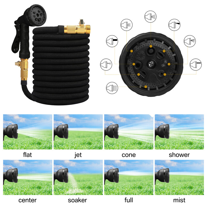 50/75/100Ft išplečiama sodo žarna su 8 funkcijų purškimo antgaliu Vandens žarna išsiplečiantis vandens vamzdis sodo laistymui automobilių plovimui