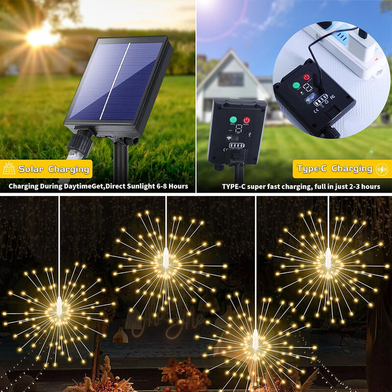 Solárne ohňostroje 8 režimov Starburst guľová lampa diaľkové ovládanie vodotesné závesné solárne rozprávkové svetlo záhrada párty