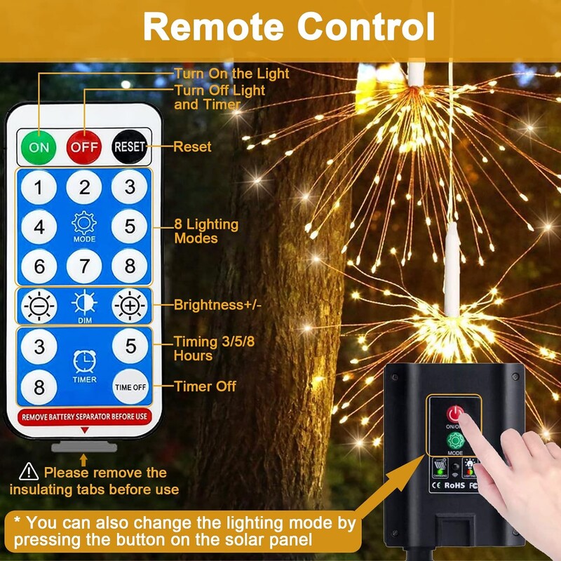 Solárne ohňostroje 8 režimov Starburst guľová lampa diaľkové ovládanie vodotesné závesné solárne rozprávkové svetlo záhrada párty