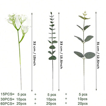 15/30 τεμ. Baby\'s Breath Τεχνητά λουλούδια Gypsophila Eucalyptus Leaves Fake λουλούδι για γάμο Νυφική ανθοδέσμη Διακόσμηση δωματίου στο σπίτι