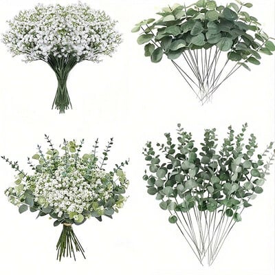 15/30 τεμ. Baby`s Breath Τεχνητά λουλούδια Gypsophila Eucalyptus Leaves Fake λουλούδι για γάμο Νυφική ανθοδέσμη Διακόσμηση δωματίου στο σπίτι