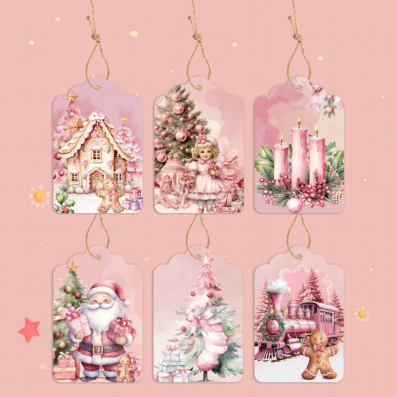 48 ks vianočných papierových visačiek ružovej série Santa Claus Snehuliak závesné štítky na vianočný stromček dekorácia DIY darčekové balenie dodávka