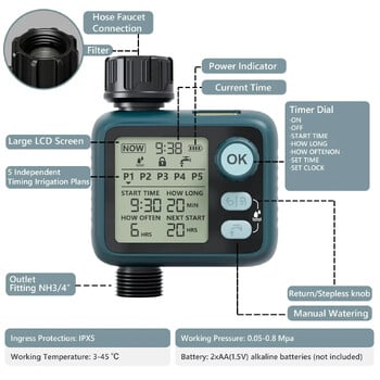 Ψηφιακός χρονοδιακόπτης ποτίσματος Diivoo με αισθητήρα βροχής και προγράμματα άρδευσης Χρονοδιακόπτης ψεκασμού με αυτόματη άρδευση για κήπο