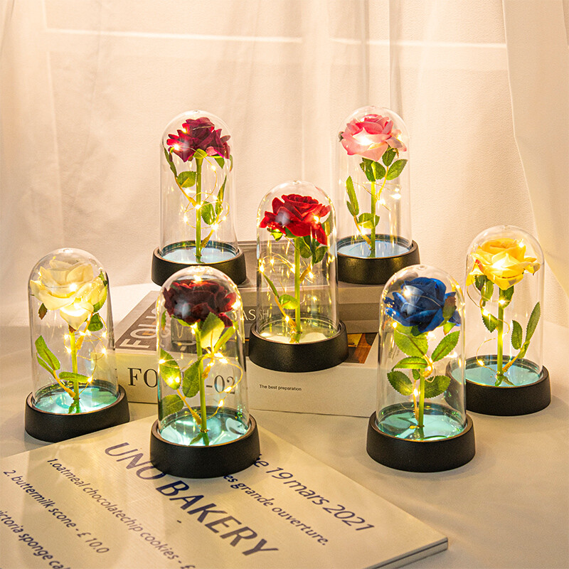 Amžina gėlė Galaxy Rose Dirbtinės gėlės permatomoje dėžutėje Valentino dienos dovana Spalvinga auksinės folijos rožės ornamentas darbalaukyje