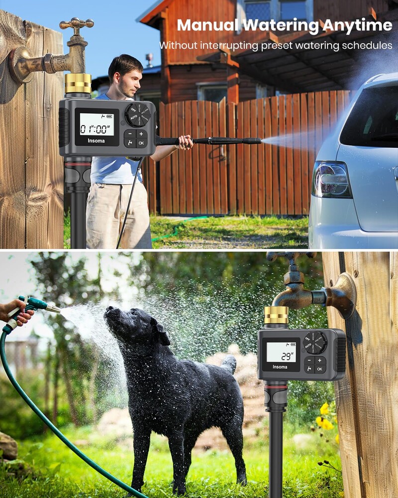 INSOMA automatikus öntözőrendszer Intelligens kerti öntözővíz időzítő sárgaréz forgóval a Fuacet Outdoor Garden IPX5 tömlőhöz