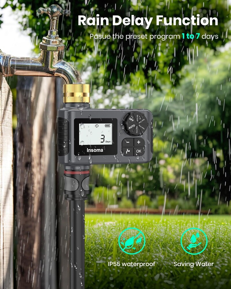 INSOMA automatikus öntözőrendszer Intelligens kerti öntözővíz időzítő sárgaréz forgóval a Fuacet Outdoor Garden IPX5 tömlőhöz