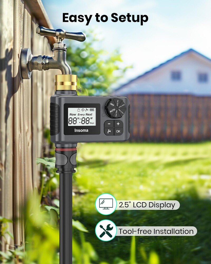 INSOMA automatikus öntözőrendszer Intelligens kerti öntözővíz időzítő sárgaréz forgóval a Fuacet Outdoor Garden IPX5 tömlőhöz