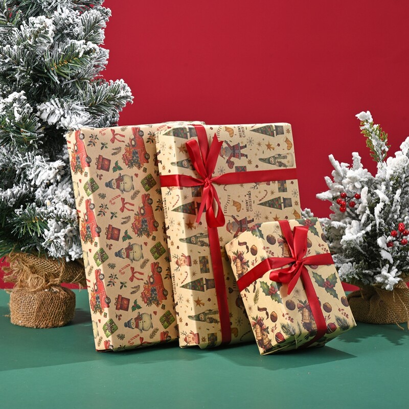 Karácsonyi csomagolópapír Vintage teherautó hóember Mikulás harangok minta Karácsonyi ajándék csomagolópapír Újévi parti ajándékcsomag