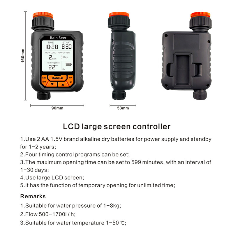 Rain Seer Veľký LCD displej Zavlažovací časovač Vodotesný IP65 Zavlažovanie domácej záhrady Časovač zrážok Automatický riadiaci systém