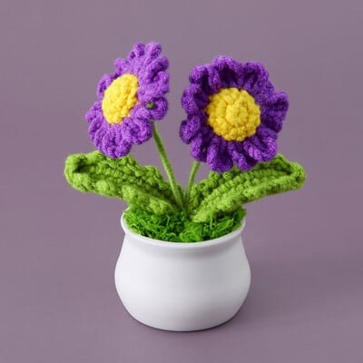 Mini aranyos stílusú, barkácsolt kézzel szőtt szimulációs cserép virágültető cérna horgolt kötött kész otthoni és kerti dekoratív dísz