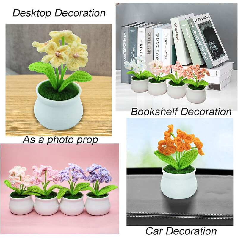 Mini aranyos stílusú, barkácsolt kézzel szőtt szimulációs cserép virágültető cérna horgolt kötött kész otthoni és kerti dekoratív dísz