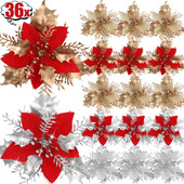 36/12 buc. Flori artificiale de Crăciun cu sclipici Ornamente pentru brad de Crăciun cu clemă, petrecere de nuntă, decorare pentru casa de Anul Nou, coroane de bricolaj