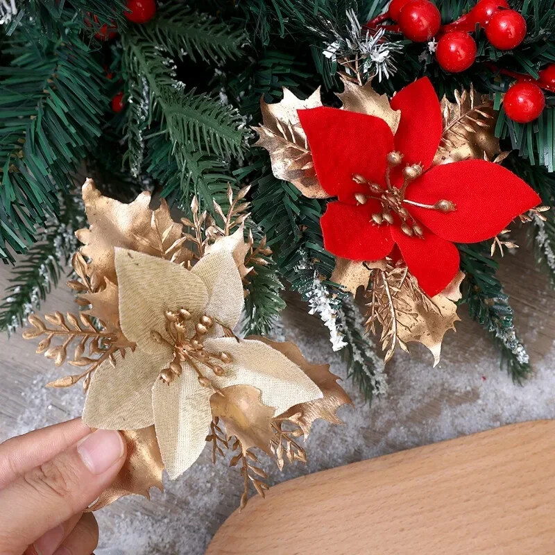 36/12 buc. Flori artificiale de Crăciun cu sclipici Ornamente pentru brad de Crăciun cu clemă, petrecere de nuntă, decorare pentru casa de Anul Nou, coroane de bricolaj