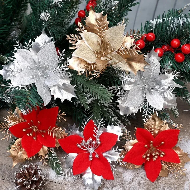 36/12 buc. Flori artificiale de Crăciun cu sclipici Ornamente pentru brad de Crăciun cu clemă, petrecere de nuntă, decorare pentru casa de Anul Nou, coroane de bricolaj