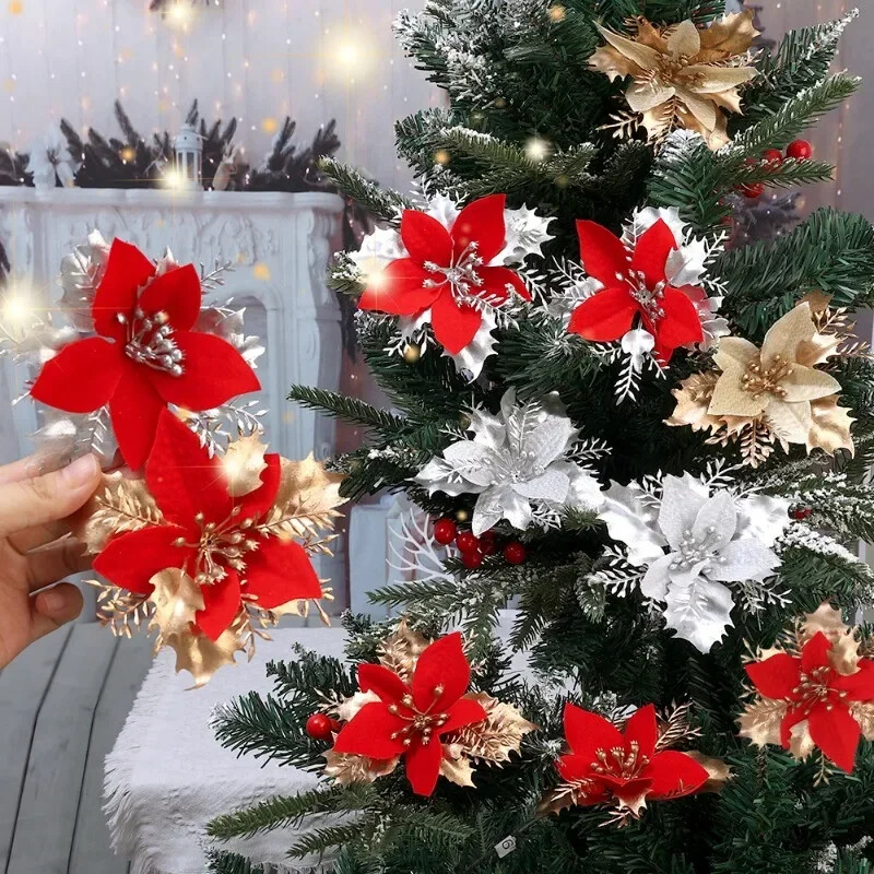 36/12 buc. Flori artificiale de Crăciun cu sclipici Ornamente pentru brad de Crăciun cu clemă, petrecere de nuntă, decorare pentru casa de Anul Nou, coroane de bricolaj