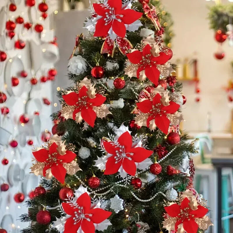 36/12 buc. Flori artificiale de Crăciun cu sclipici Ornamente pentru brad de Crăciun cu clemă, petrecere de nuntă, decorare pentru casa de Anul Nou, coroane de bricolaj