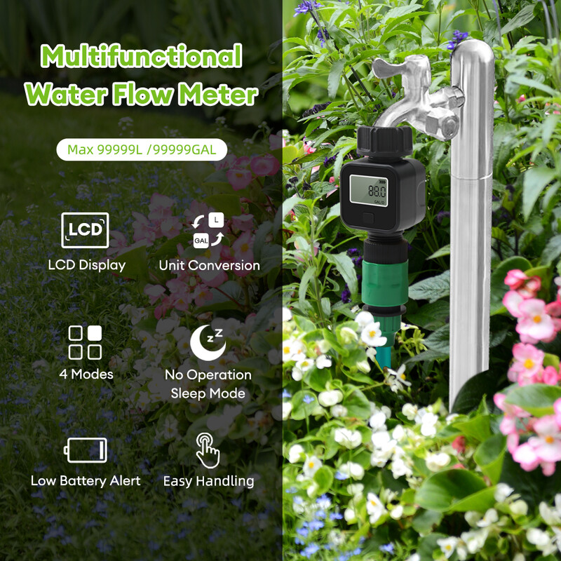 Yieryi SGS05 Záhradné zavlažovacie časovače Digitálny prietokomer vody Vonkajší 3/4" Štandardná hadica z kohútika Spotreba vody a tester rýchlosti