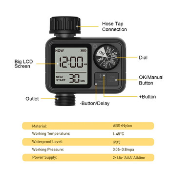 Χρονοδιακόπτης νερού Eshico HCT-M02 Νεότερος ψεκαστήρας κήπου με χειροκίνητη/αυτόματη λειτουργία 2 ποτίσματος Κατάλληλος για διαφορετικές εξωτερικές σκηνές