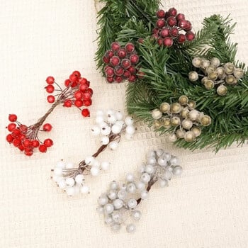 20/40 τεμ. Artificial Frosted Berries Christmas Mini Cherry Stamen Simulation Double Head Berries DIY Διακόσμηση στεφάνι