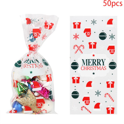 Saci de celofan de Crăciun Fericit, 50 de bucăți, pungi de ambalare pentru cadouri din plastic pentru copii, de Crăciun, decorațiuni pentru acasă, pentru petrecerea de Anul Nou, saci cu bomboane