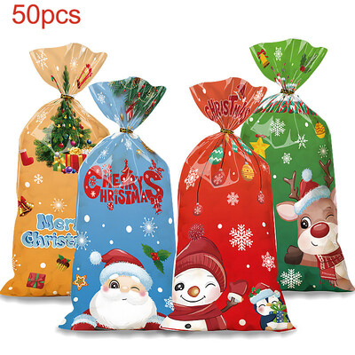 Saci de celofan de Crăciun Fericit, 50 de bucăți, pungi de ambalare pentru cadouri din plastic pentru copii, de Crăciun, decorațiuni pentru acasă, pentru petrecerea de Anul Nou, saci cu bomboane