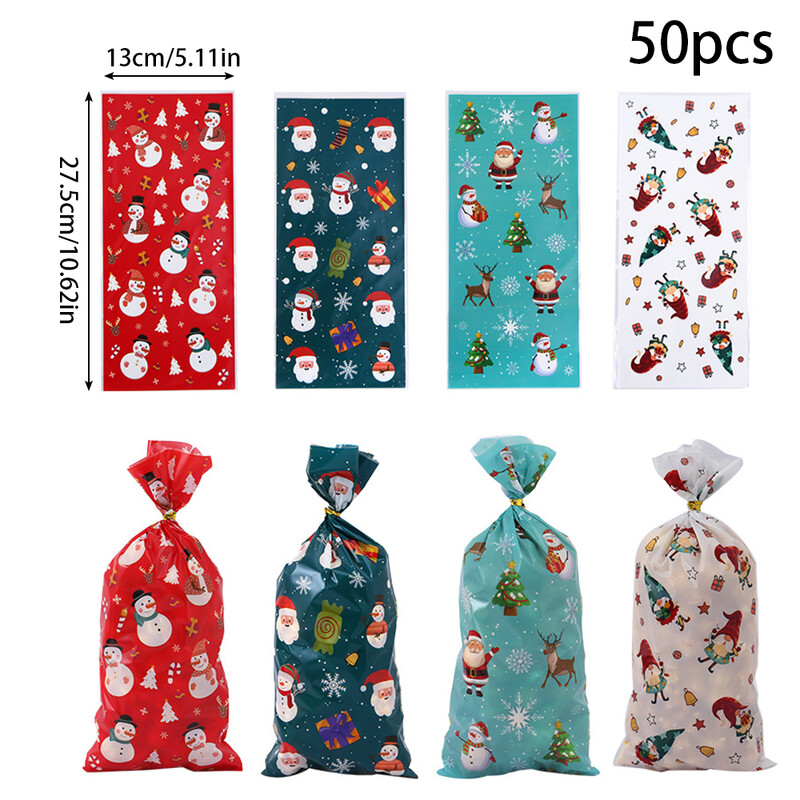 Saci de celofan de Crăciun Fericit, 50 de bucăți, pungi de ambalare pentru cadouri din plastic pentru copii, de Crăciun, decorațiuni pentru acasă, pentru petrecerea de Anul Nou, saci cu bomboane