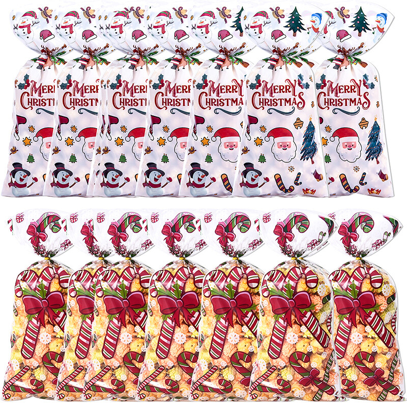 Saci de celofan de Crăciun Fericit, 50 de bucăți, pungi de ambalare pentru cadouri din plastic pentru copii, de Crăciun, decorațiuni pentru acasă, pentru petrecerea de Anul Nou, saci cu bomboane
