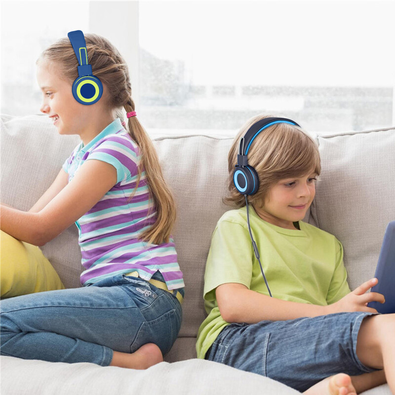 Căști cu fir de 3,5 mm, cu microfon încorporat, laptop, montare pe cap pentru copii, căști pentru urechi moale, control linie, pentru albastru verde