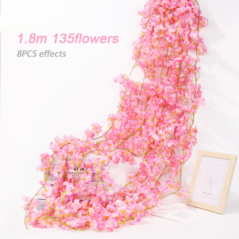 1,8 м Розов черешов цвят Изкуствено цвете Копринен гирлянд Лоза Домашно парти Градинска арка Сватбен фон Декорация Фалшиво цвете