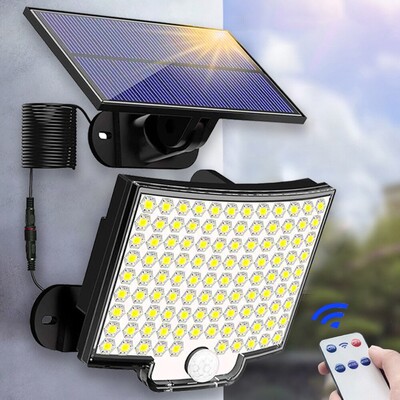 106LED слънчева светлина на открито, водоустойчива със сензор за движение, прожектор, дистанционно управление, 3 режима за вътрешен двор, гараж, заден двор