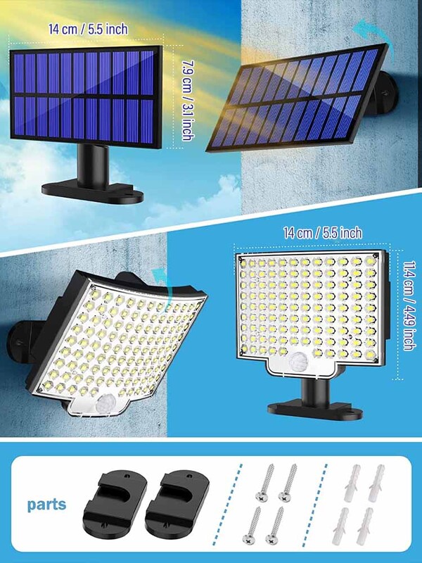 106LED solárne svetlo vonkajšie vodotesné s pohybovým senzorom, diaľkové ovládanie, 3 režimy pre terasu, garáž, záhradu