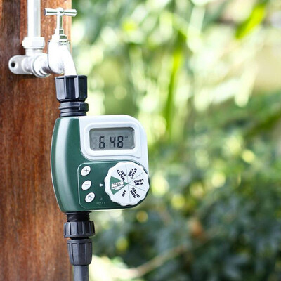 Programuojamas skaitmeninės žarnos maišytuvo laikmatis su baterijomis valdomas automatinis laistymo purkštuvų sistemos drėkinimo valdiklis su 2 išėjimais