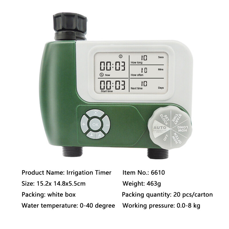 Programuojamas skaitmeninės žarnos maišytuvo laikmatis su baterijomis valdomas automatinis laistymo purkštuvų sistemos drėkinimo valdiklis su 2 išėjimais