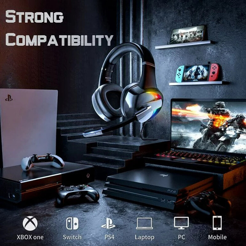 Căști pentru jocuri RGB cu microfon cu anulare a zgomotului Sunet surround Căști LED pentru PS5 PS4 Xbox One PC Laptop Mac Computer PC